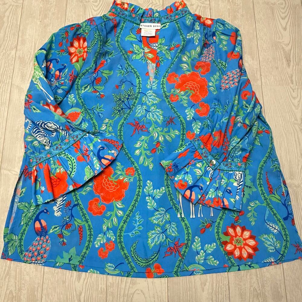 Gretchen Scott Womens M Blue Floral Animal Print Tunic Blouse Ruffle Sleeve